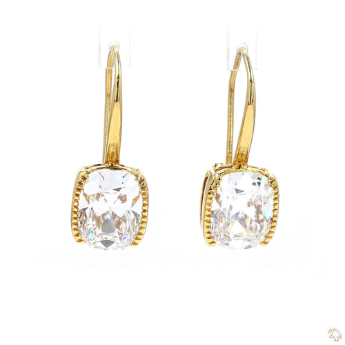 Half Bezel Cushion Shaped Diamond Hook Earrings in 18K Yellow  Gold