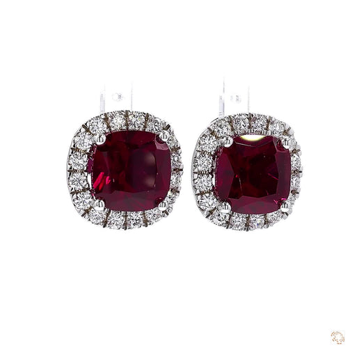 Red Ruby and Diamond Halo Stud Earrings in 18K White Gold