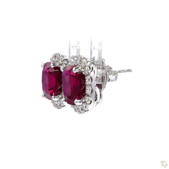 Red Ruby and Diamond Halo Stud Earrings in 18K White Gold