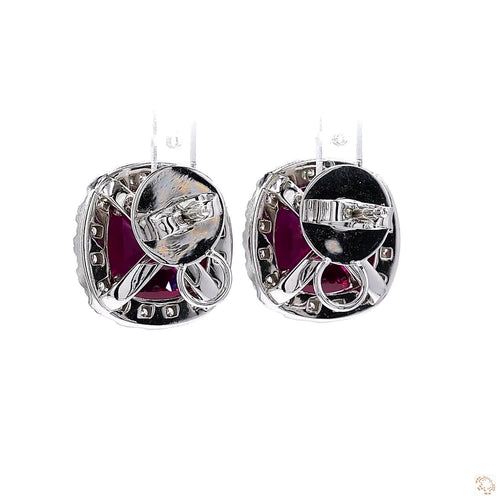 Red Ruby and Diamond Halo Stud Earrings in 18K White Gold