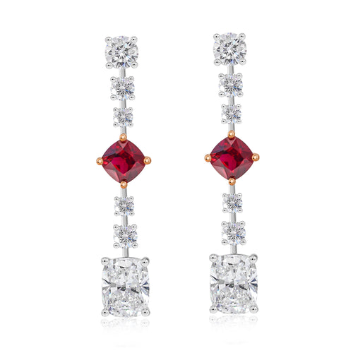 Diamonds & Ruby Lab-Grown Earrings in 18K White Gold