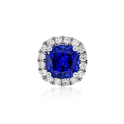 Blue Sapphire and Diamond Halo Stud Earrings in 18K White Gold