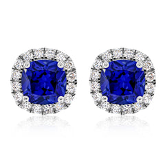 Blue Sapphire and Diamond Halo Stud Earrings in 18K White Gold