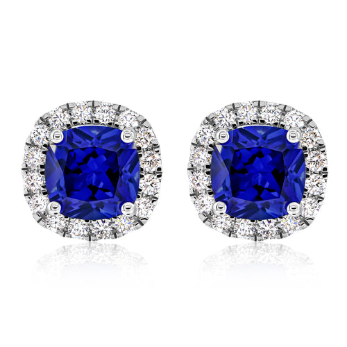 Blue Sapphire and Diamond Halo Stud Earrings in 18K White Gold