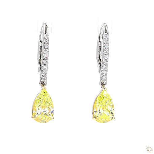 Pear Shaped Yellow and White Diamond Drop Earrings in 18K White & Yellow Gold