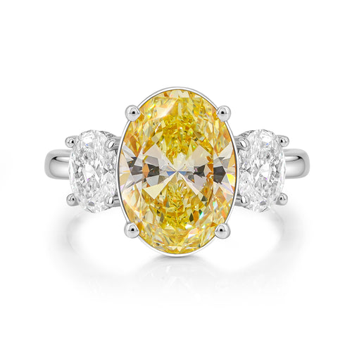 Three Stone Oval Fancy Yellow Diamond Engagement Ring